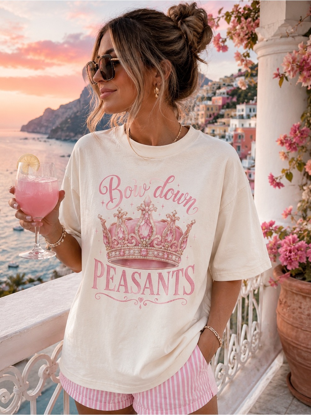Cream Graphic Tee with Pink Crown Print s-5x